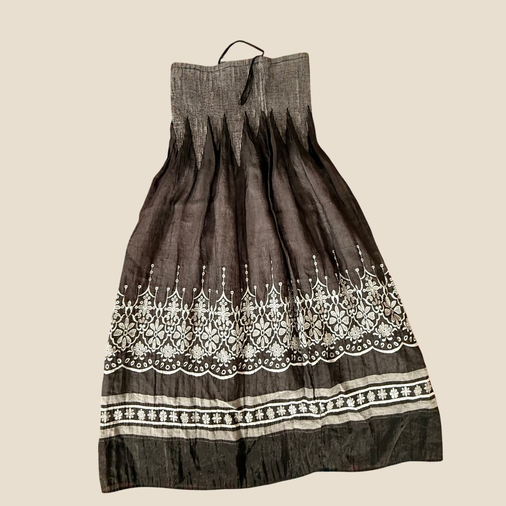 J Gee Smocked Midi Dress Festival S Brown Y2K Hippie Floral Embroidered Boho
